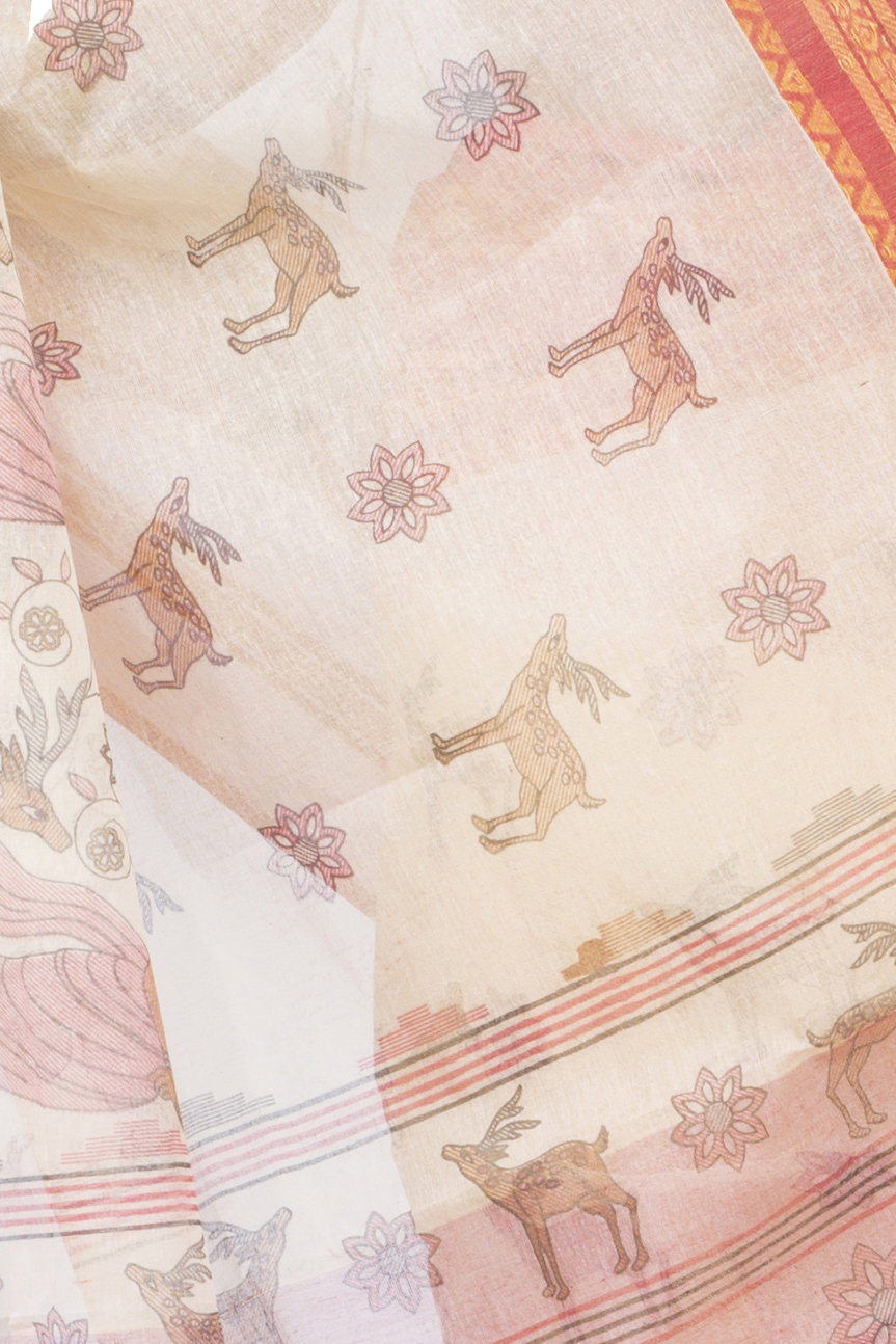 Red Pure Cotton Sakuntala Tant Saree Print (1829)